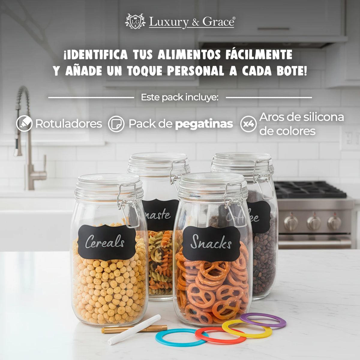 Set de 4 Tarros de Cristal Herméticos 1.5L para Despensa