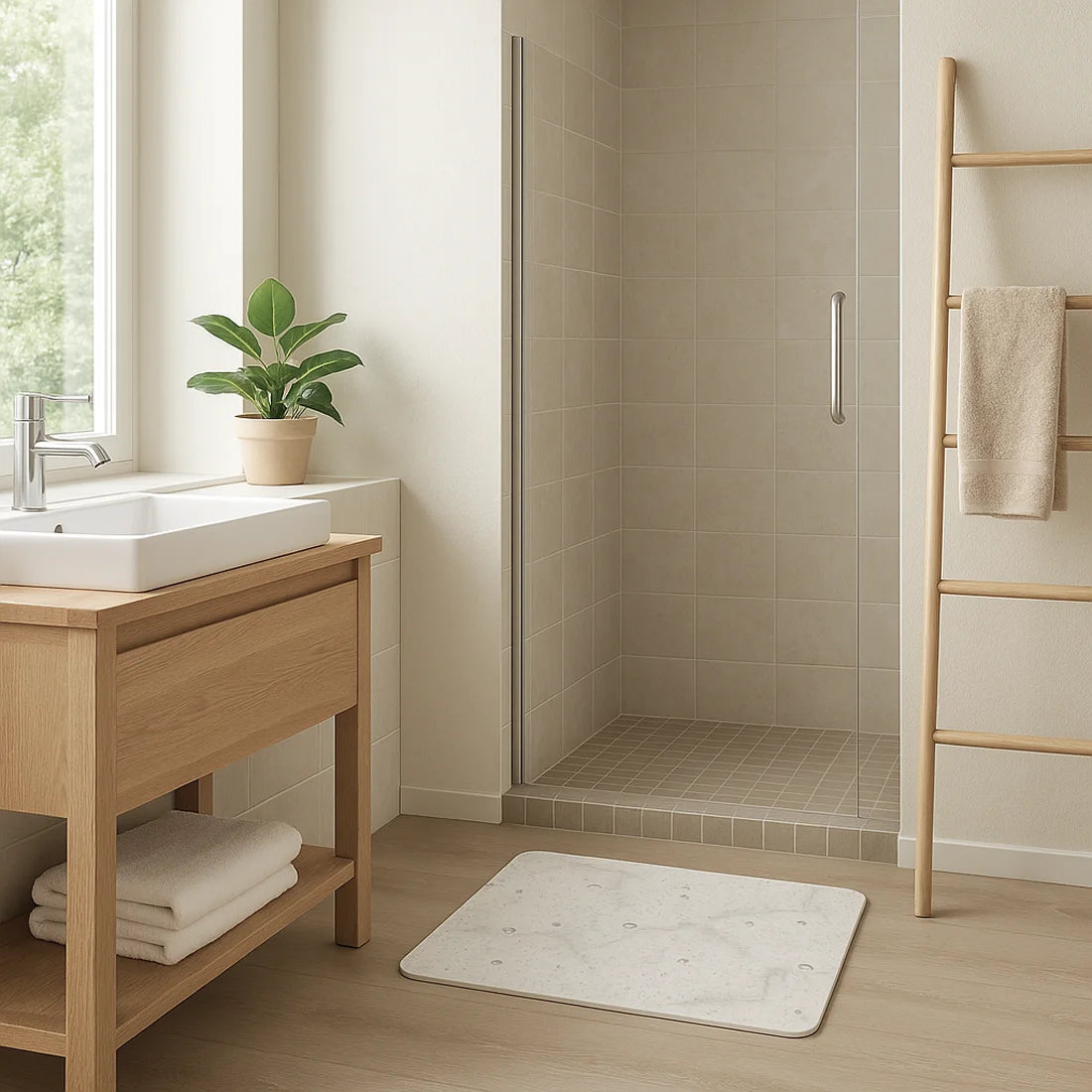 Alfombrilla de baño de piedra diatomea Calma Home, diseño minimalista